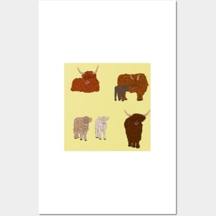 Highland Cows Pattern Yellow Posters and Art